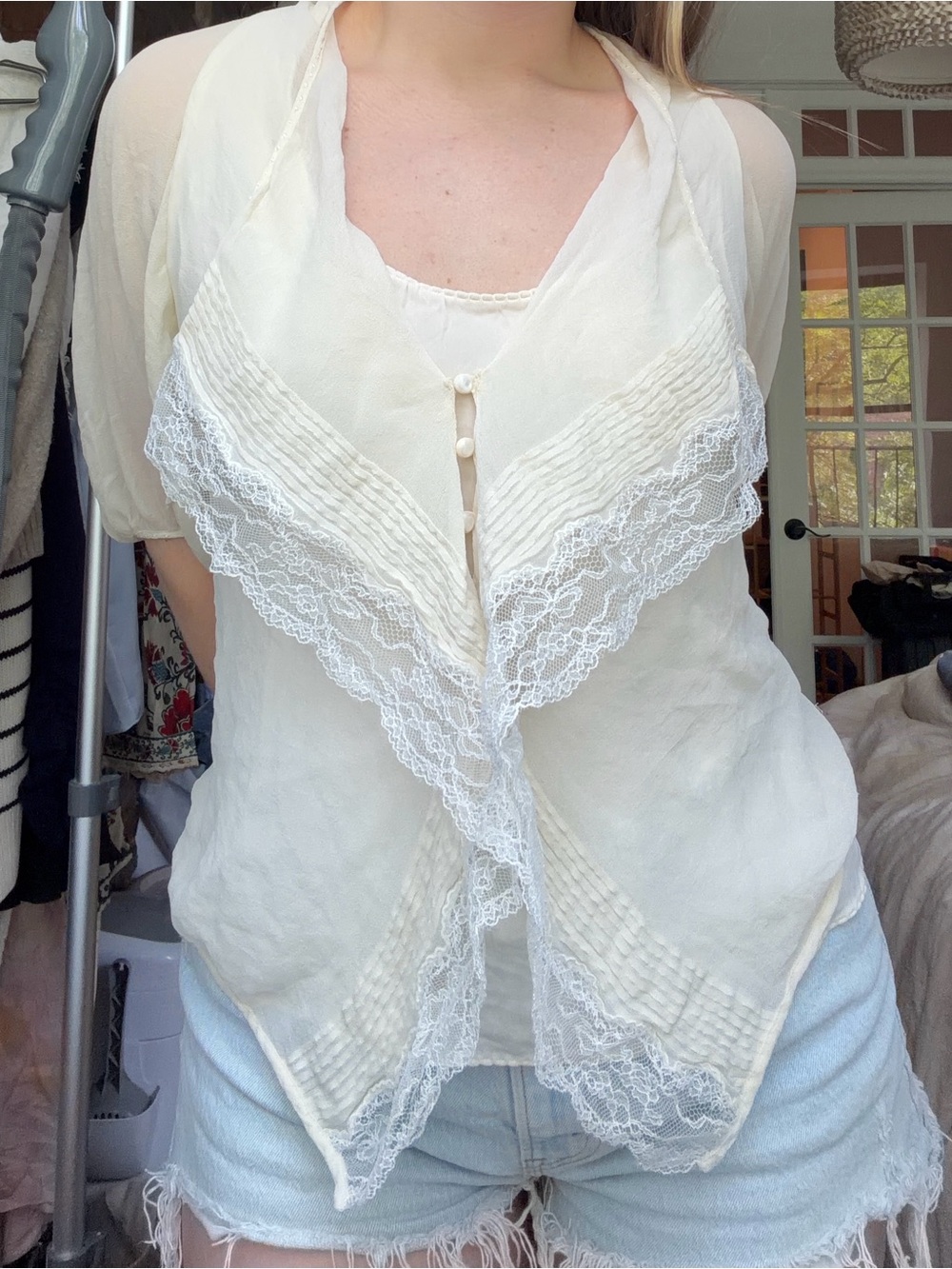 Vintage Sheer Cream Lace Trim Blouse